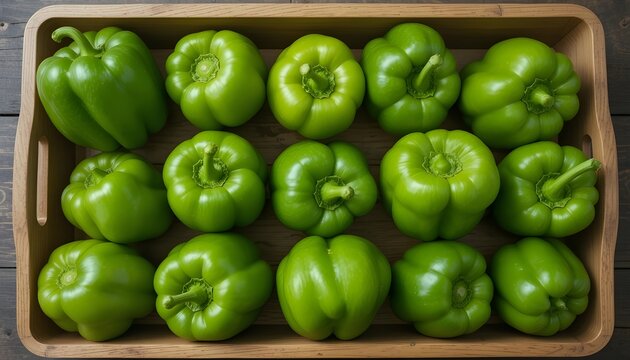 Wooden palat with fresh green bell peppers - Powered by Adobe