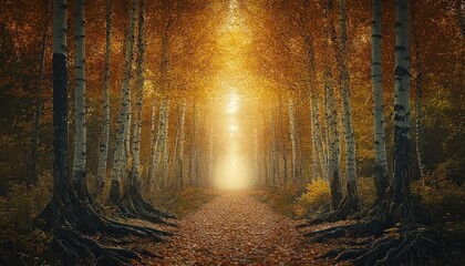 autumn forest pathway with yellow leaves trees and fall foliage in a warm golden glow