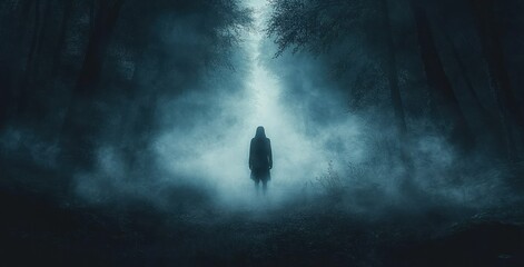 mysterious figure silhouette in dark misty fantasy forest at night