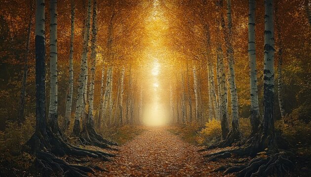 autumn forest pathway with yellow leaves trees and fall foliage in a warm golden glow - Powered by Adobe