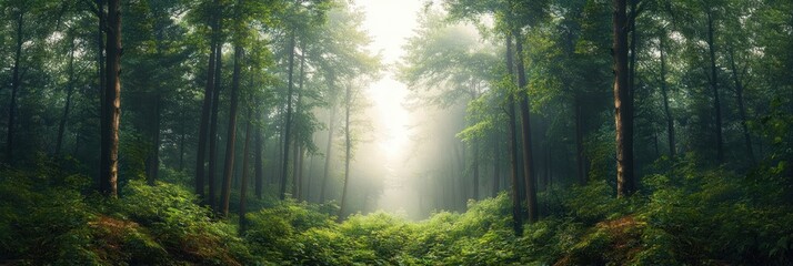 Obraz premium mystical forest panorama serene landscape green woods lush foliage morning light misty clearing