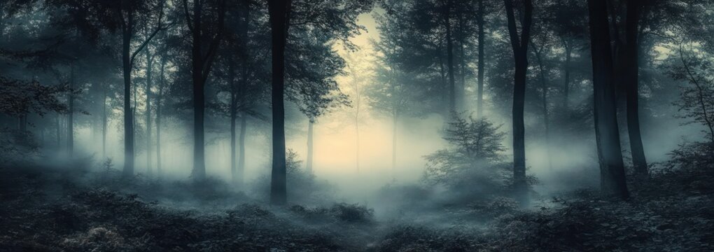 mysterious foggy forest landscape at night with tall trees and misty atmosphere