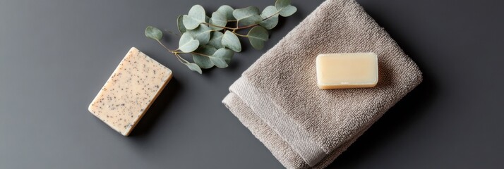 Elegant bathroom setup showcasing towels soap and eucalyptus on a dark gray surface