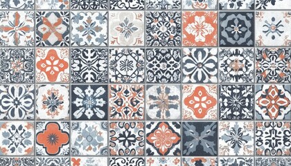 Colorful patterned tiles arranged in a grid, showcasing intricate floral and geometric designs (1) tile pattern