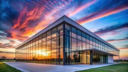 Modern Glass Facade Building Reflecting Vibrant Sunset Sky at Dusk