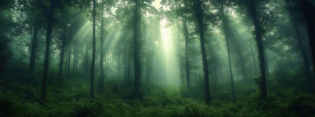 mystical forest in fog with tall trees and soft green lighting in serene nature panorama
