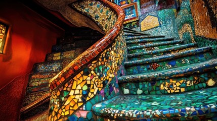 Obraz premium Vibrant Mosaic Staircase with Artistic Tiles and Colorful Patterns for Creative Design Inspirat