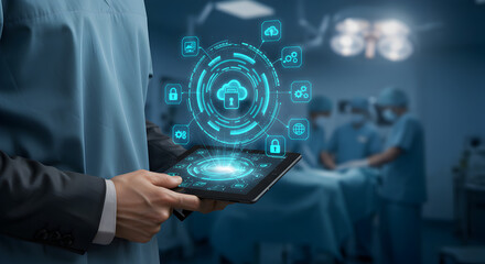 Man Holding Digital Tablet with Glowing Healthcare Technology Interface in Operating Room with Surgeons