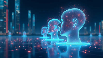 Fototapeta premium Futuristic Wallpaper Design: Smart AI Assistants in Expansive Spaces with Interactive Virtual Agents and Advanced Interfaces for Premium Photo Stock