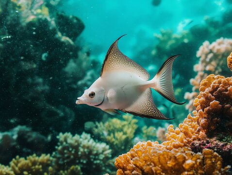Swimming Spotted Sicklefish in Coral Reef Habitat with Turquoise Water