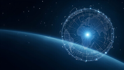 Obraz premium Elegant Wallpaper Design: Space Economy with Empty Space & Digital Motifs for Global Commerce, Investment in Orbital Infrastructure & Innovative Finance Strategies