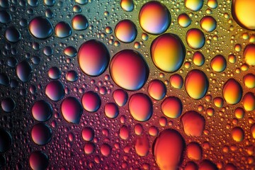 Colorful Abstract Oil Droplets on Water Background with Vibrant Neon Patterns and Bright Light Effects