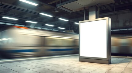 A modern train station with advertising display and moving trains