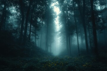 Naklejka premium mysterious dark forest with ethereal light mist and shadows