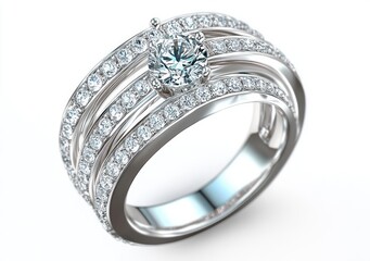 Luxury Diamond Ring with Layered Bands on White Background 3D Rendering