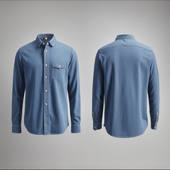 Blue denim long-sleeve button-down shirt with chest pocket - front and back view