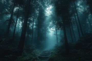 Ethereal Light in Mysterious Dark Fantasy Forest Shrouded in Mist