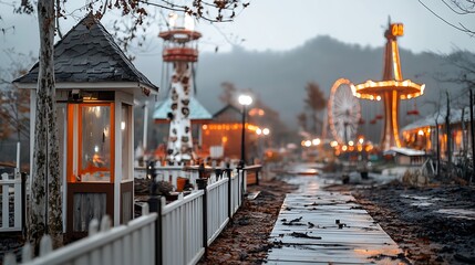 Atmospheric Evening at an Amusement Park with Vintage Rides and Warm Lights