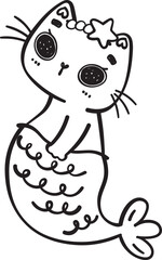 Mermaid Cat Outline Cute Cartoon Doodle Illustration
