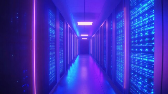 Neon-lit server room corridor, data streams glow