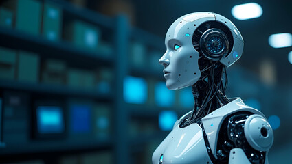 Fototapeta premium AI-Driven Robots: Merging Advanced Algorithmic Intelligence with Mechanical Precision for Adaptive Automation in Photo Stock Concepts