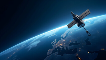Fototapeta premium Explore a sleek wallpaper design showcasing satellite internet networks, featuring modern visuals and ample empty space for innovative broadband connectivity.
