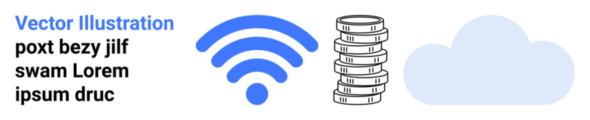 wireless symbol next to stacked coins and cloud, representing connectivity, cloud storage, data management, financial transactions, networking, digital services, ideal for simple landing page