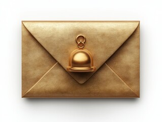 Golden envelope with shiny notification bell icon for new email message in 3D digital render on white background