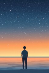 A lone figure gazing at a beautiful starry night sky