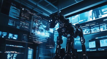 Futuristic robotic horse in a high-tech laboratory with glowing screens and digital interfaces, showcasing advanced technology and innovation
