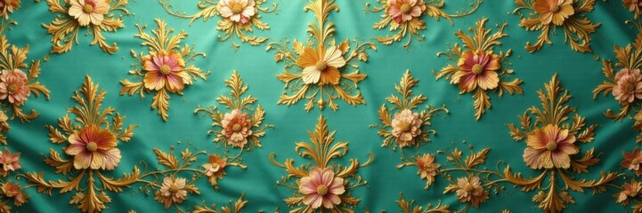 Damask fabric with intricate gold frames featuring lush floral patterns against a subtle green background, floral, luxury fabric, ornate