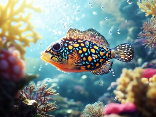 Colorful Tropical Fish Swimming Underwater Among Coral Reefs and Bubbles