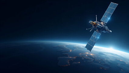 Obraz premium Minimalist Wallpaper Design: Satellite Internet Networks with Expansive Space & Sleek Digital Motifs for Global Connectivity