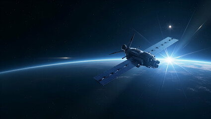 Naklejka premium Explore a modern minimalist wallpaper showcasing autonomous space systems with sleek graphics, emphasizing satellite operations and intelligent mission control.