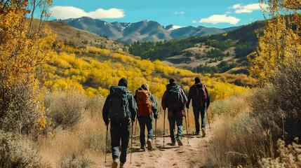 Obraz premium A group of hikers trekking through a vibrant autumn landscape with mountains in the background.
