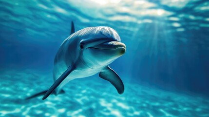 Dolphin Swimming Underwater in the Ocean with Sunlight Rays Shining Through