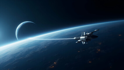 Naklejka premium Modern Minimalist Wallpaper Design: Space Tethers, Expansive Empty Space, Sleek Digital Graphics, Advanced Tether Technology, Innovative Momentum Exchange Systems, Transformative Orbital Transfer Meth