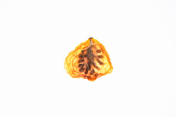 Odd shaped dried cherry tomato with seeds, backlit on white background
