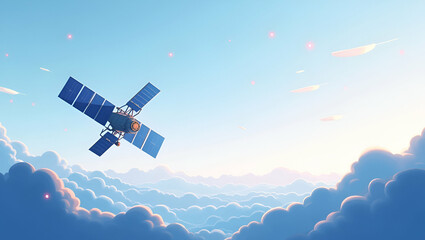 Flat Present a refined wallpaper design depicting satellite deployment with abundant empty space and modern digital accents that represent advanced orbital insertion innovative satellite network integ