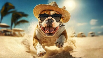 Bulldog wearing a straw hat and a neck scarf, adding charm to the scene.