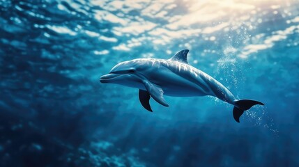 Obraz premium Dolphin Swimming Peacefully Underwater with Sun Rays Shining Through Ocean
