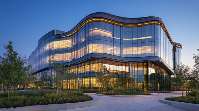Modern glass campus building twilight