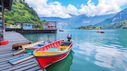 Scenic Lake View with Colorful Boats and Mountains Under Blue Sky