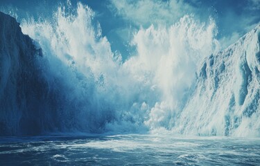 Massive waves crashing against cliffs on a cloudy day