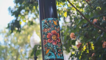 Vibrant floral sticker promoting a political campaign or social cause attached to a city lamp post, with blurred trees and another lamp post suggesting urban activism