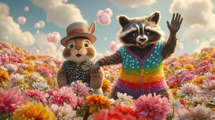Cheerful animated raccoon and rabbit in colorful outfits playing in flower field