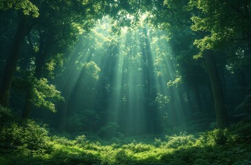 Obraz premium Lush Green Forest with Sunlit Canopy and Mossy Vegetation