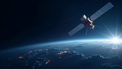 Obraz premium Present a sleek wallpaper design capturing satellite internet networks with extensive empty space and refined digital imagery that denote innovative broadband communication advanced digital transmissi
