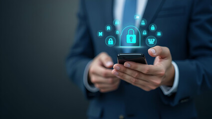 Use a modern photo stock image to present an e wallet security concept with a sleek mobile device strong authentication icons and ample open space. Emphasize trustworthiness and sophisticated design t