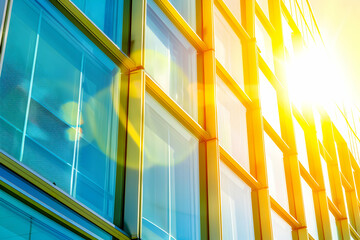 A modern building's glass facade reflecting sunlight with vibrant colors.